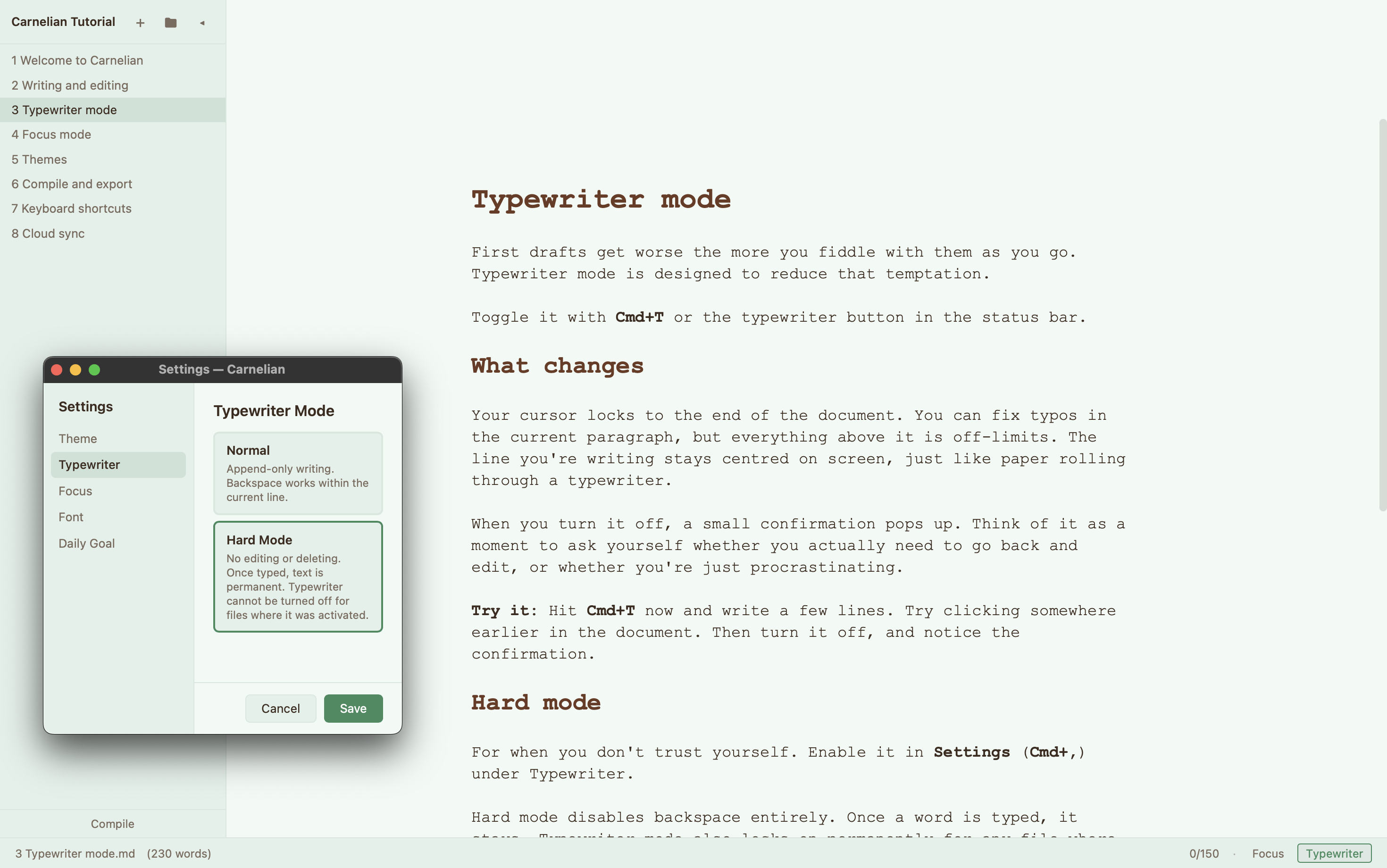 Typewriter mode settings with the Parchment theme